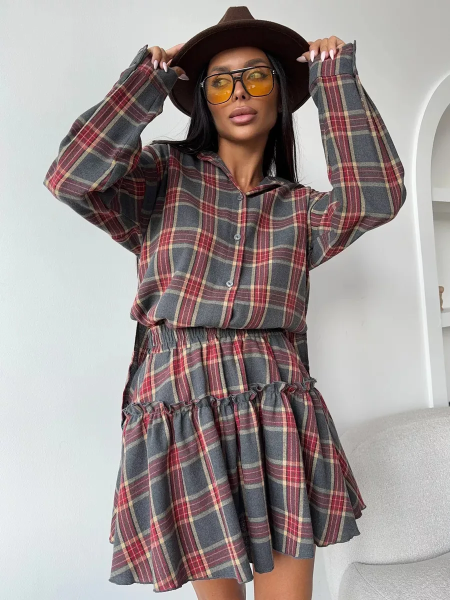 Fashionable Casual Plaid Skirt Set Women's Loose Collar Shirt Waist Cinched Mini Dress Two Piece Set Long Sleeve New Style display picture 26