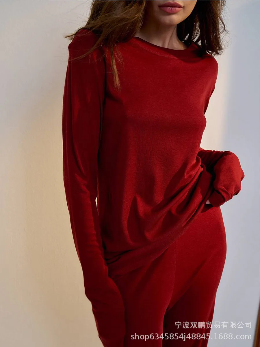 Comfortable Modal Ladies Casual Set Autumn Winter New Style Long Sleeve Wide Leg Pants Red Christmas Two Piece Set Fashionable Leisure Outfit display picture 24