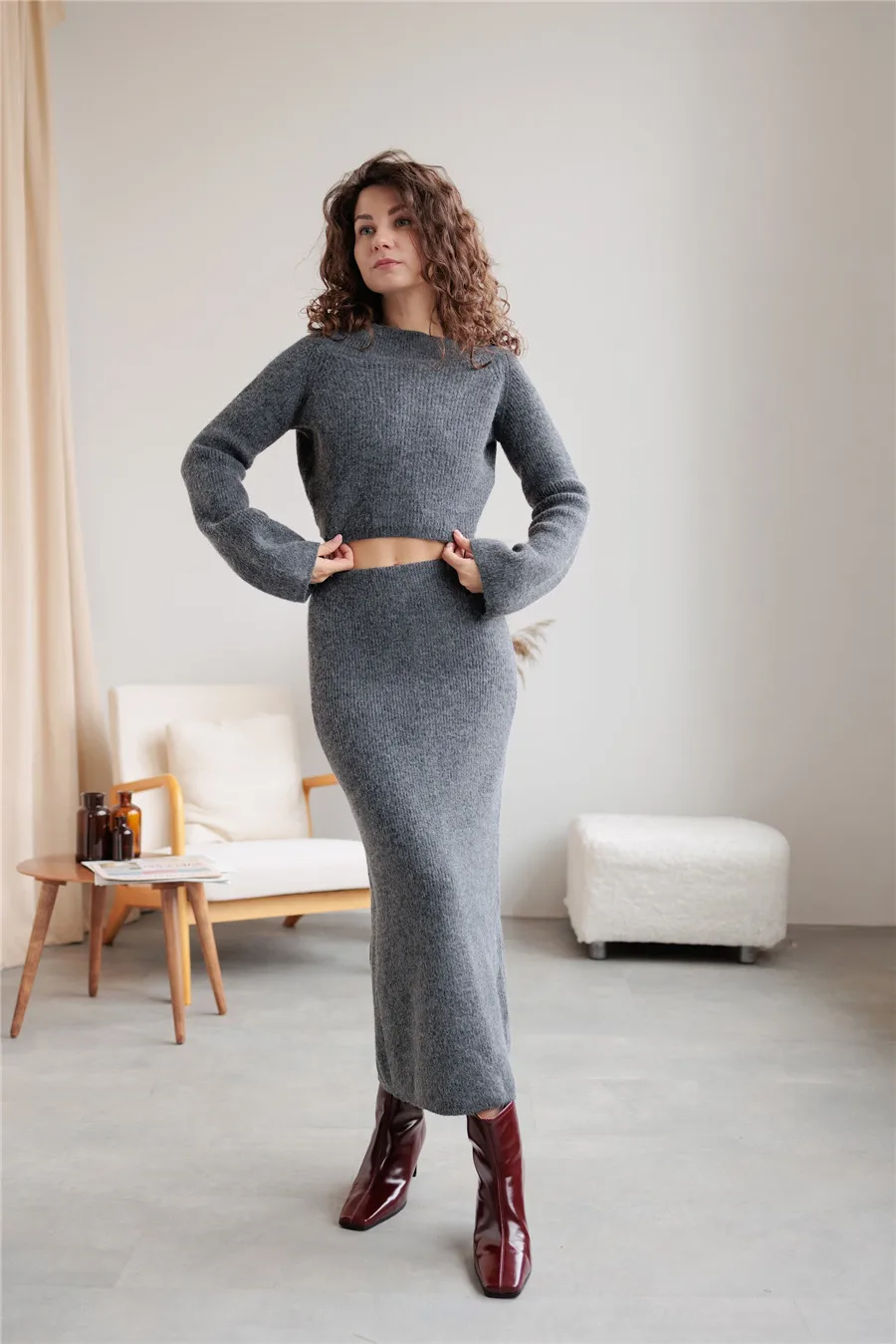 Women's Knitted Sweater And Skirt Set One-Shoulder Elegant Style Long Sleeve Pure Color Casual Fashion Autumn Winter New Arrival display picture 14