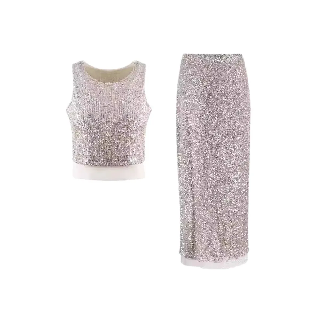 Elegant Sequin Vest And Beaded Long Dress Sexy Versatile Ladies Party Dress Fashion Casual Outfit Solid Color Polyester display picture 11
