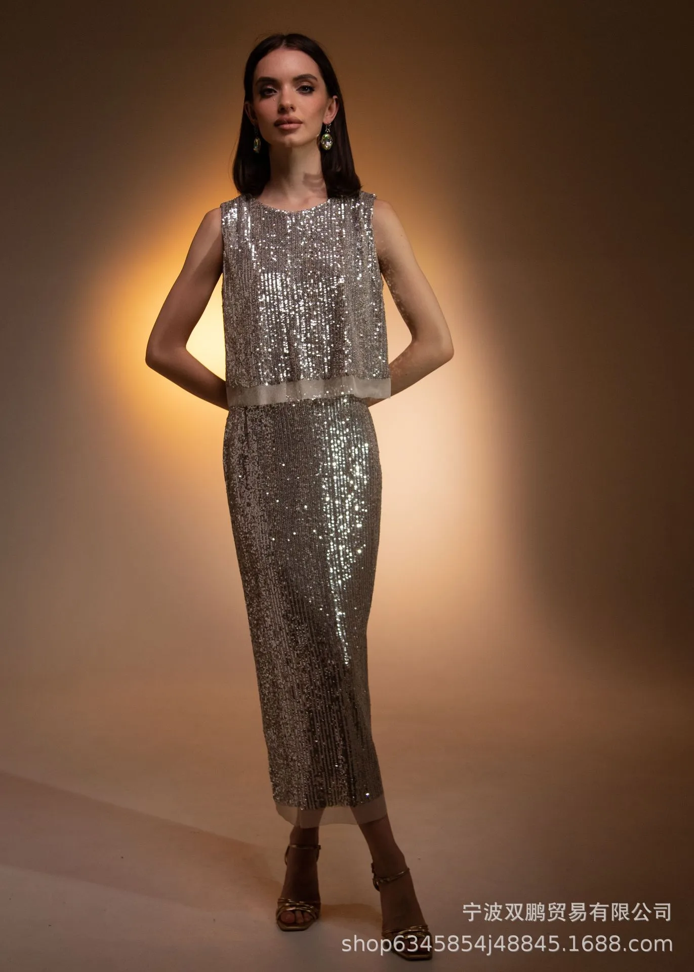 Elegant Sequin Vest And Beaded Long Dress Sexy Versatile Ladies Party Dress Fashion Casual Outfit Solid Color Polyester display picture 5