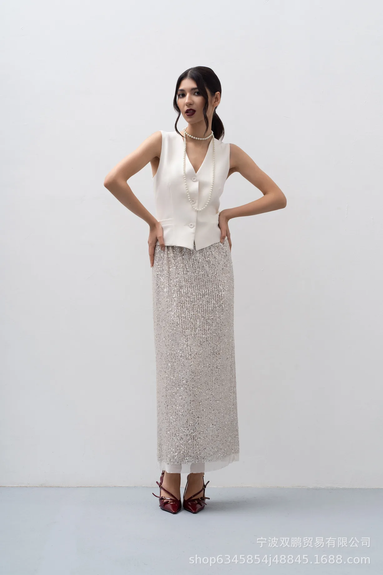 Elegant Sequin Vest And Beaded Long Dress Sexy Versatile Ladies Party Dress Fashion Casual Outfit Solid Color Polyester display picture 6
