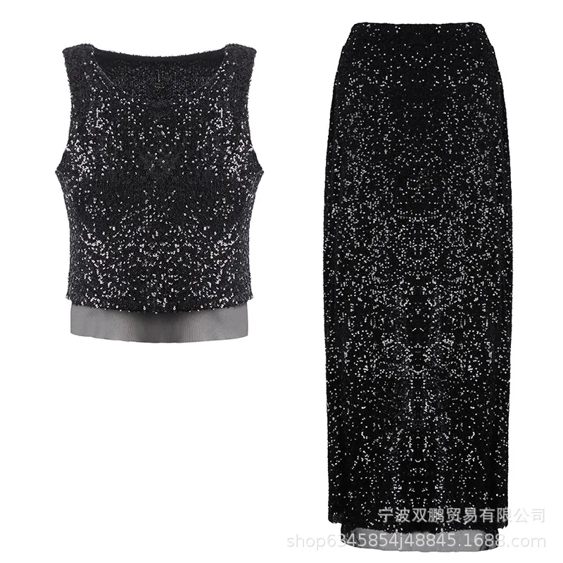 Elegant Sequin Vest And Beaded Long Dress Sexy Versatile Ladies Party Dress Fashion Casual Outfit Solid Color Polyester display picture 15
