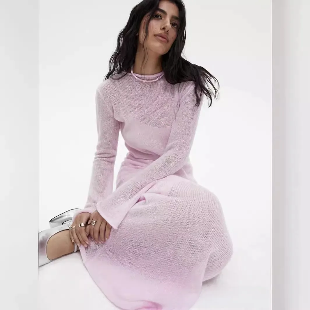 Women's Soft Knitted Hollow Long Dress + Vest Dress Set Casual Style Round Neck Long Sleeve Ice Cream Color European Vacation Fashion display picture 2