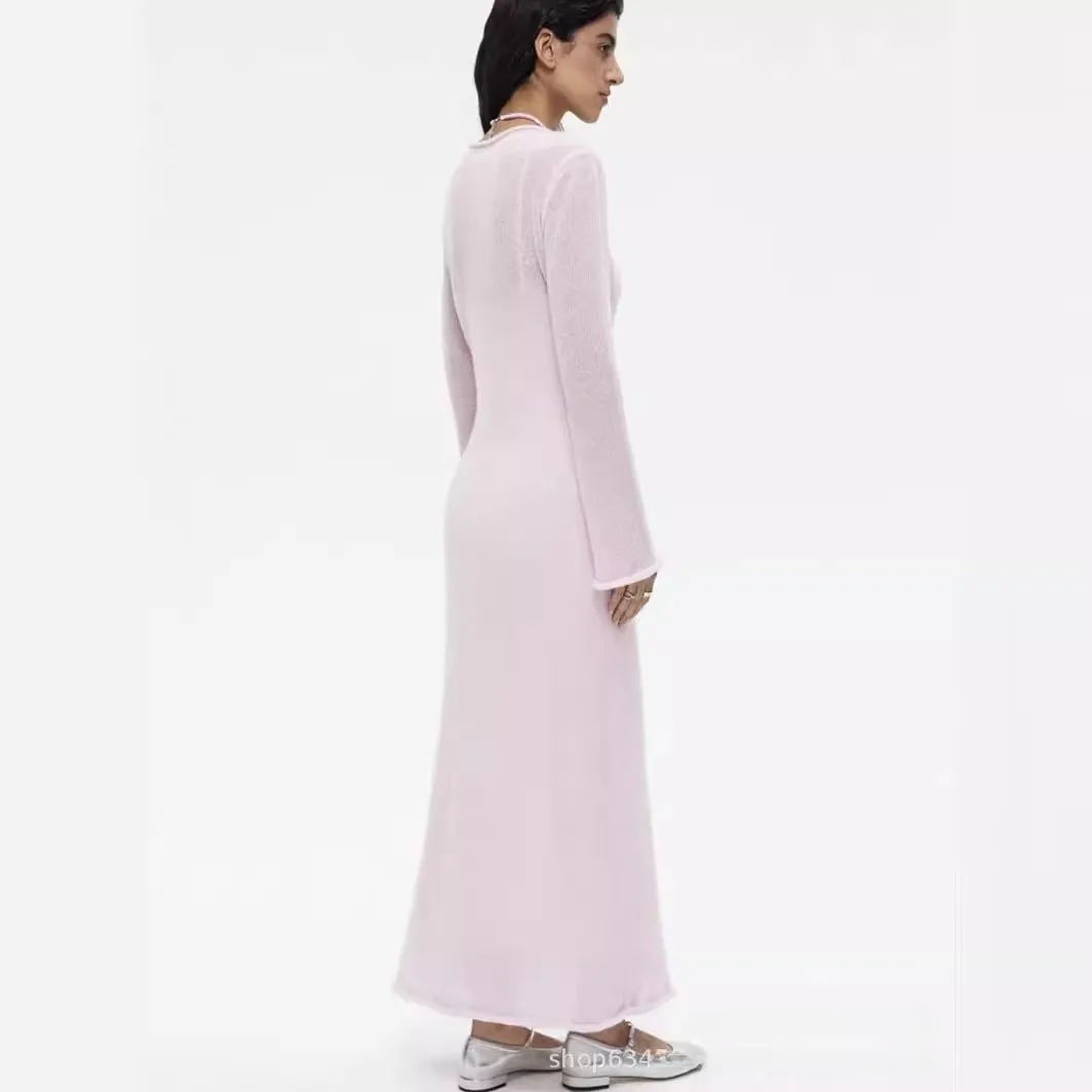 Women's Soft Knitted Hollow Long Dress + Vest Dress Set Casual Style Round Neck Long Sleeve Ice Cream Color European Vacation Fashion display picture 3
