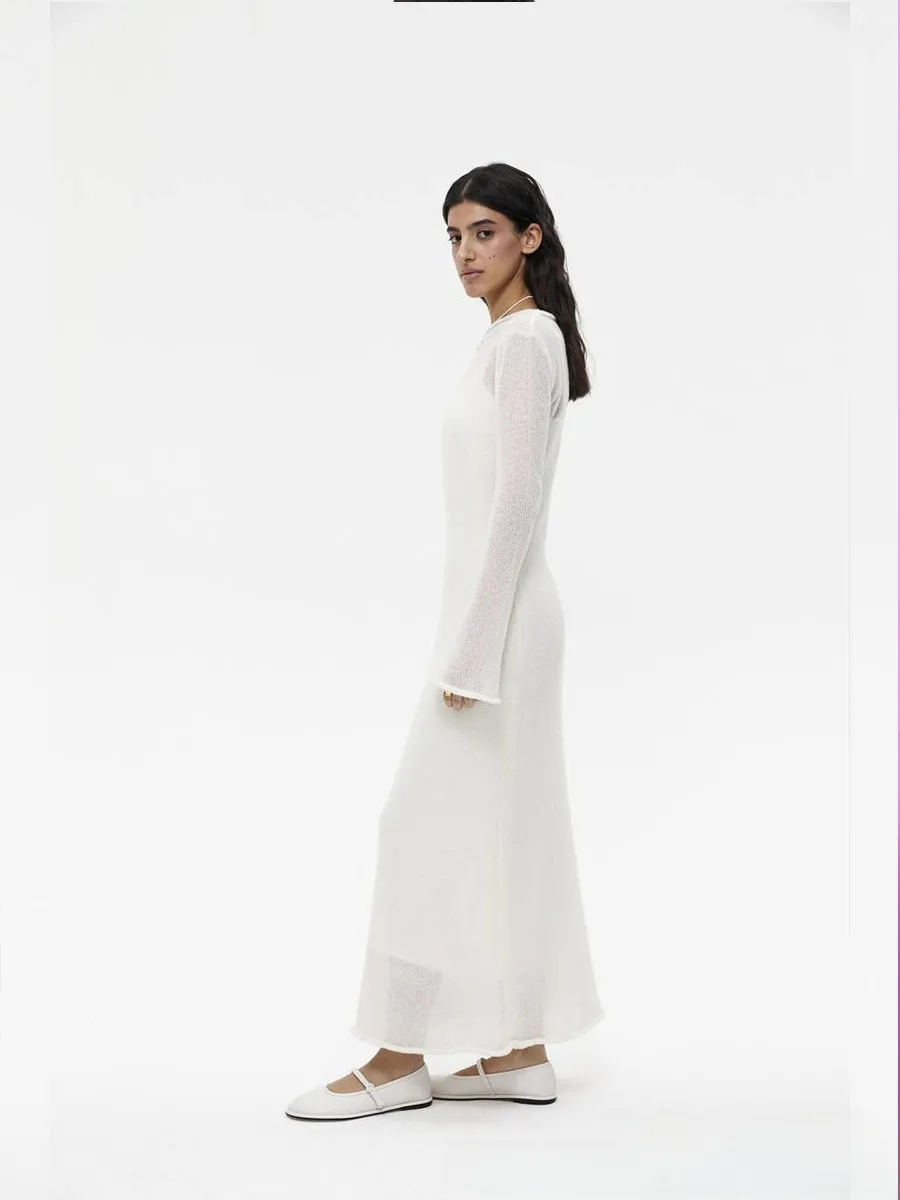 Women's Soft Knitted Hollow Long Dress + Vest Dress Set Casual Style Round Neck Long Sleeve Ice Cream Color European Vacation Fashion display picture 5