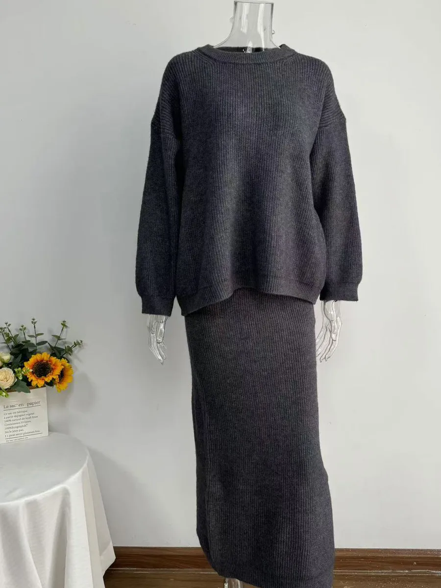 Elegant Knitted Dress Set Women's Autumn Winter New European Fashion Open Cardigan Sweater With Slit Mini Skirt Fashion Casual Set display picture 21