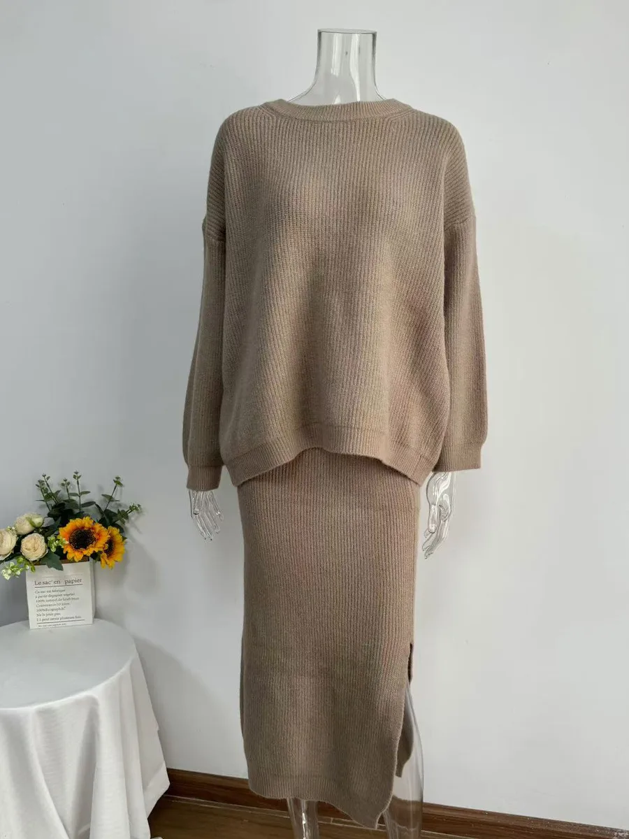 Elegant Knitted Dress Set Women's Autumn Winter New European Fashion Open Cardigan Sweater With Slit Mini Skirt Fashion Casual Set display picture 22