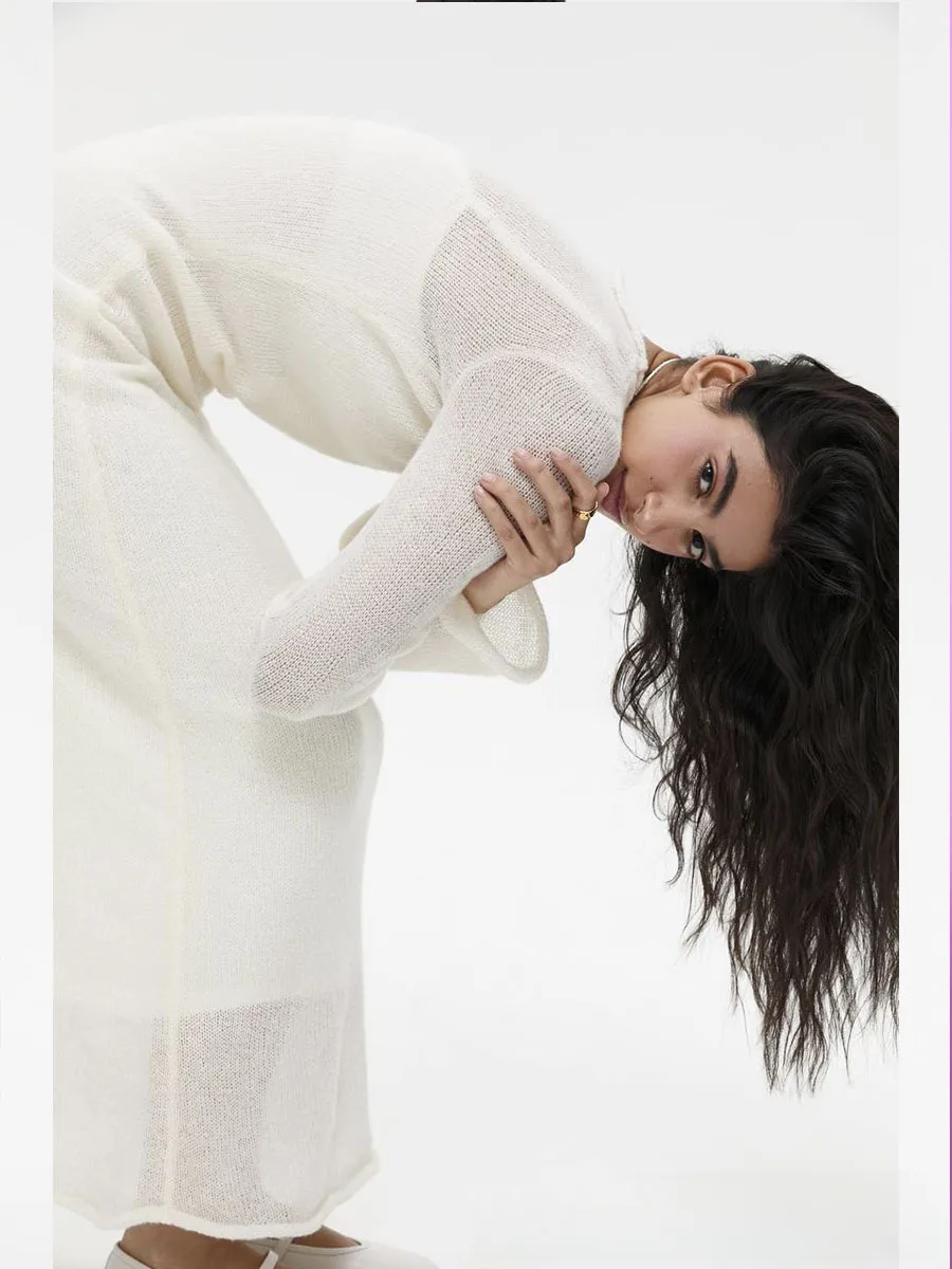 Women's Soft Knitted Hollow Long Dress + Vest Dress Set Casual Style Round Neck Long Sleeve Ice Cream Color European Vacation Fashion display picture 6