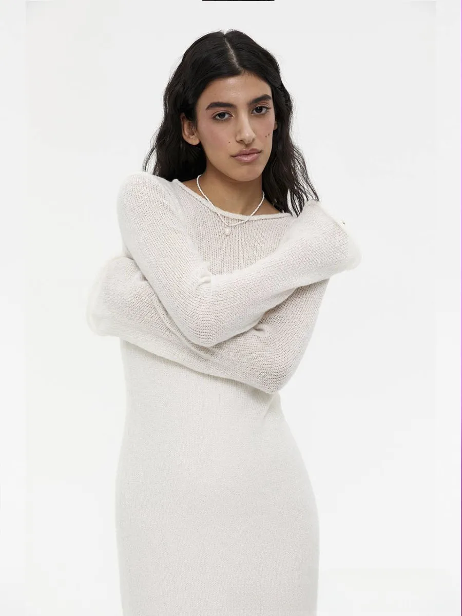 Women's Soft Knitted Hollow Long Dress + Vest Dress Set Casual Style Round Neck Long Sleeve Ice Cream Color European Vacation Fashion display picture 7