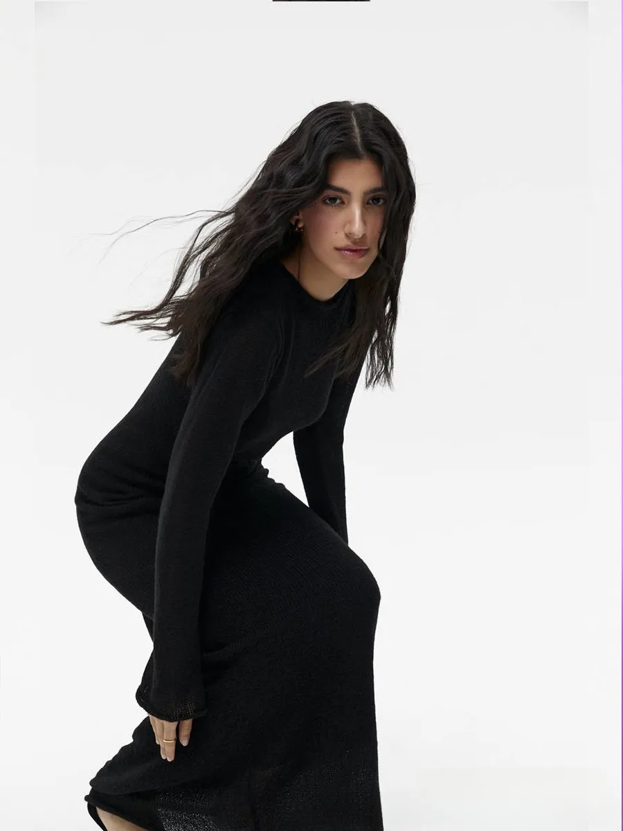 Women's Soft Knitted Hollow Long Dress + Vest Dress Set Casual Style Round Neck Long Sleeve Ice Cream Color European Vacation Fashion display picture 8