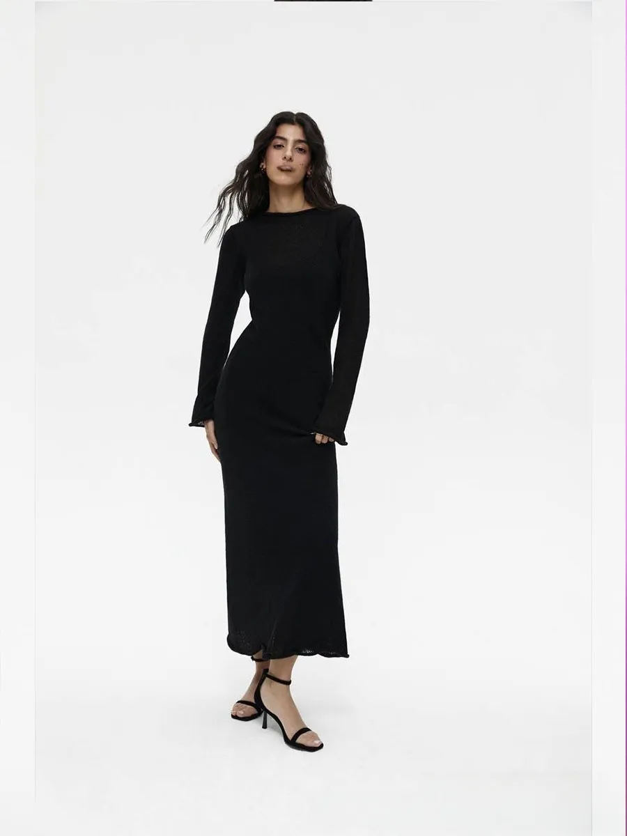 Women's Soft Knitted Hollow Long Dress + Vest Dress Set Casual Style Round Neck Long Sleeve Ice Cream Color European Vacation Fashion display picture 9