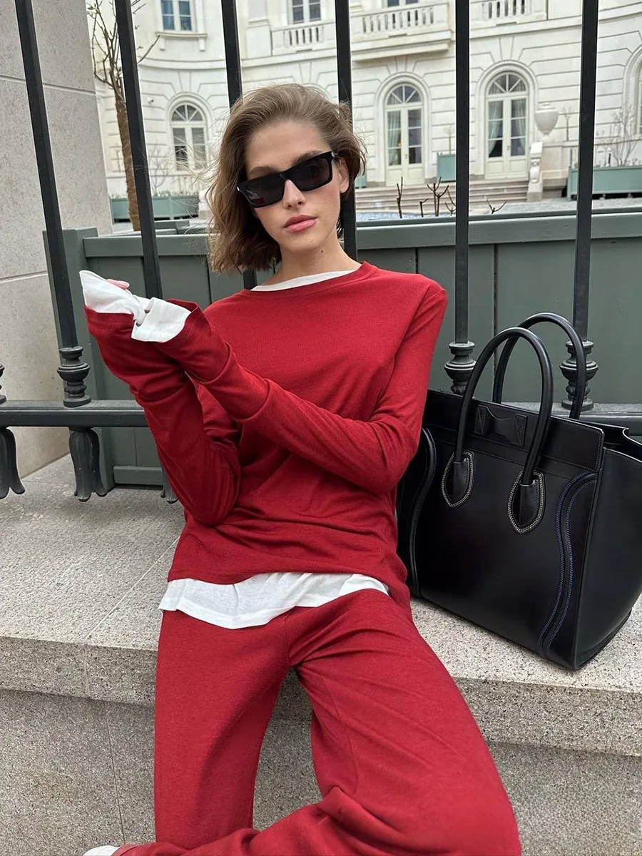 Comfortable Modal Ladies Casual Set Autumn Winter New Style Long Sleeve Wide Leg Pants Red Christmas Two Piece Set Fashionable Leisure Outfit display picture 2