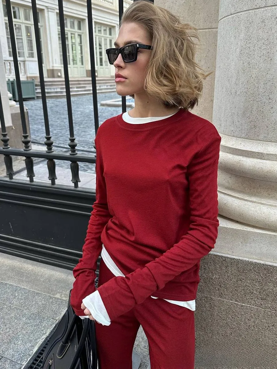 Comfortable Modal Ladies Casual Set Autumn Winter New Style Long Sleeve Wide Leg Pants Red Christmas Two Piece Set Fashionable Leisure Outfit display picture 3