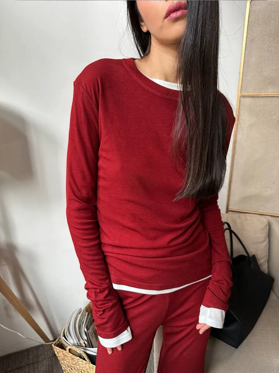 Comfortable Modal Ladies Casual Set Autumn Winter New Style Long Sleeve Wide Leg Pants Red Christmas Two Piece Set Fashionable Leisure Outfit display picture 4