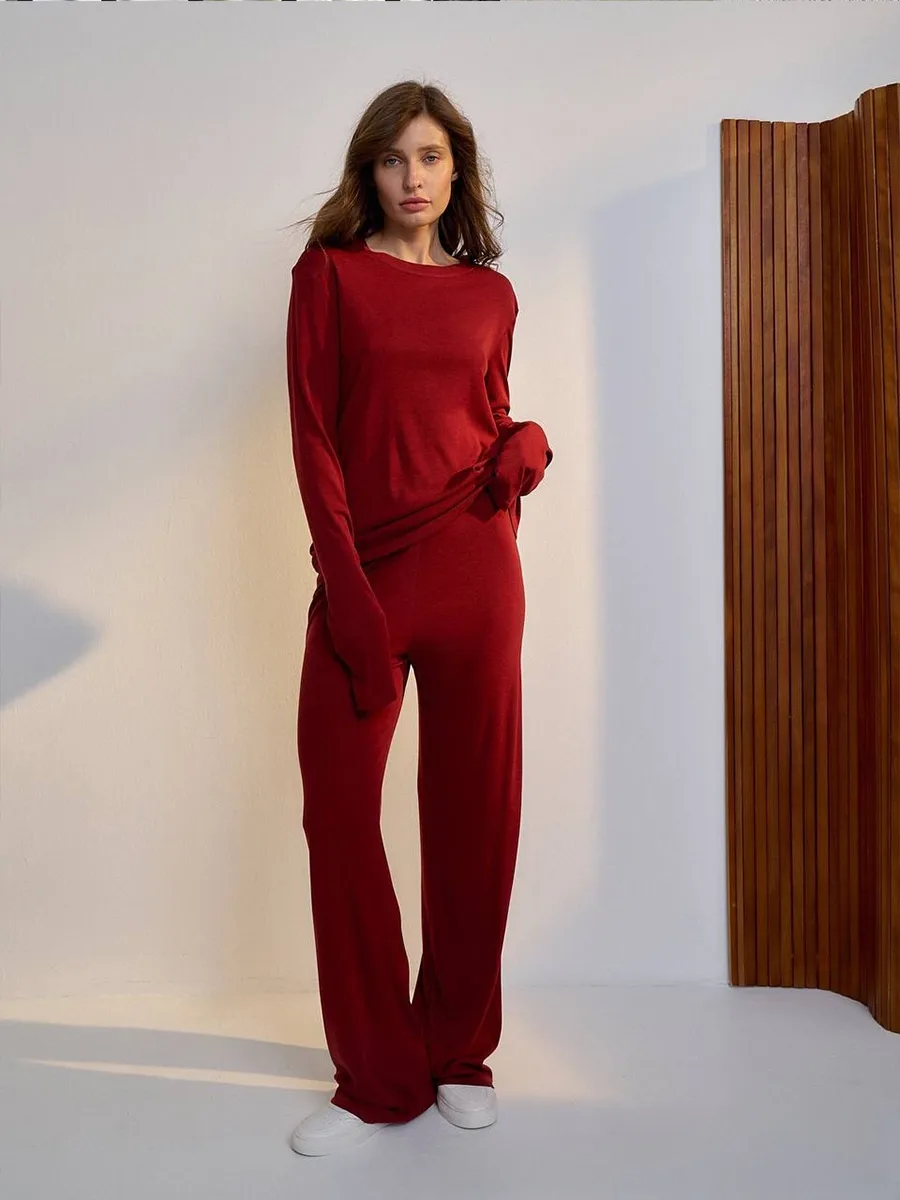 Comfortable Modal Ladies Casual Set Autumn Winter New Style Long Sleeve Wide Leg Pants Red Christmas Two Piece Set Fashionable Leisure Outfit display picture 7