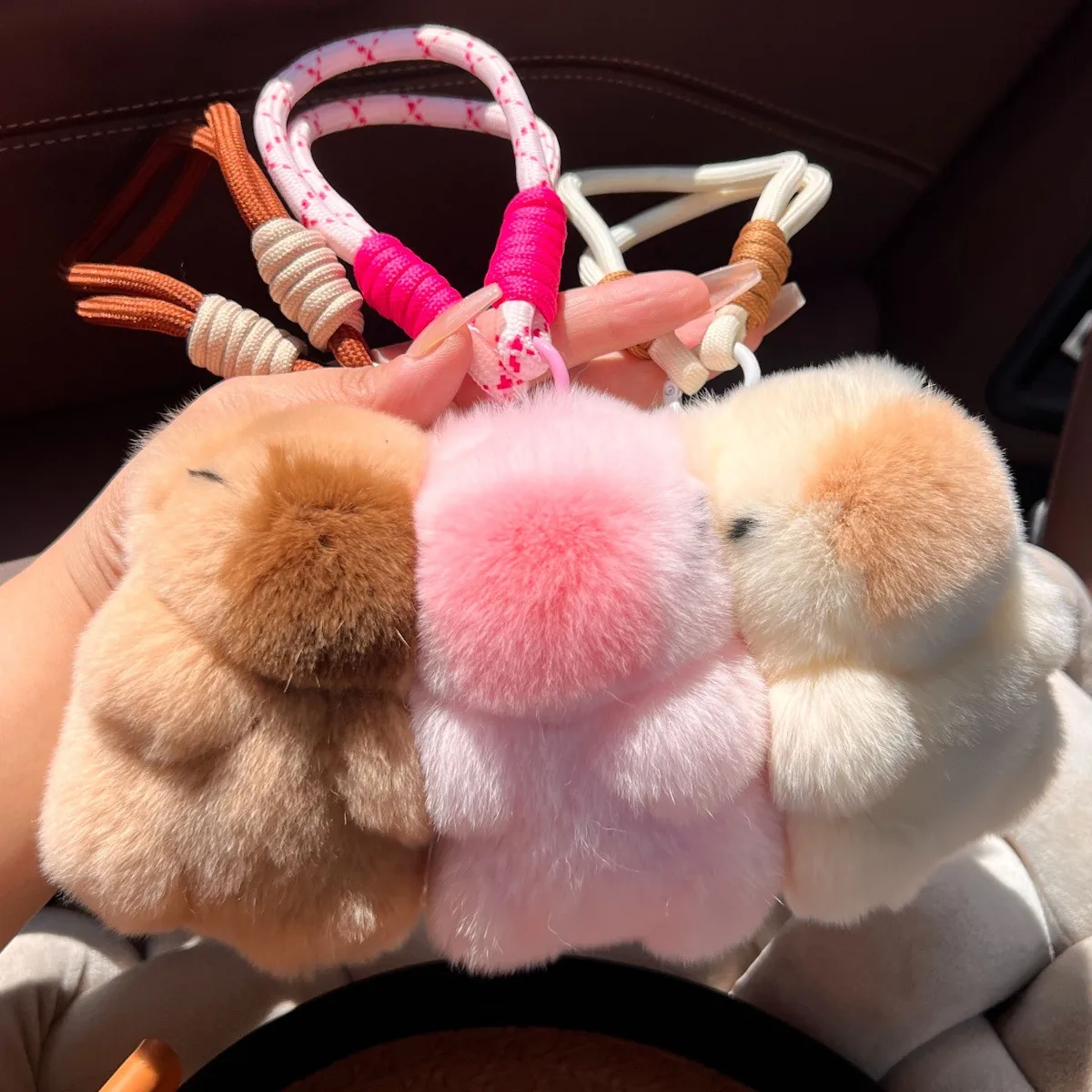 Cute Real Rabbit Fur Capybara Car Key Ring Pendant Plush Toy Schoolbag Pendant Handmade Ins Style Animal Theme display picture 11