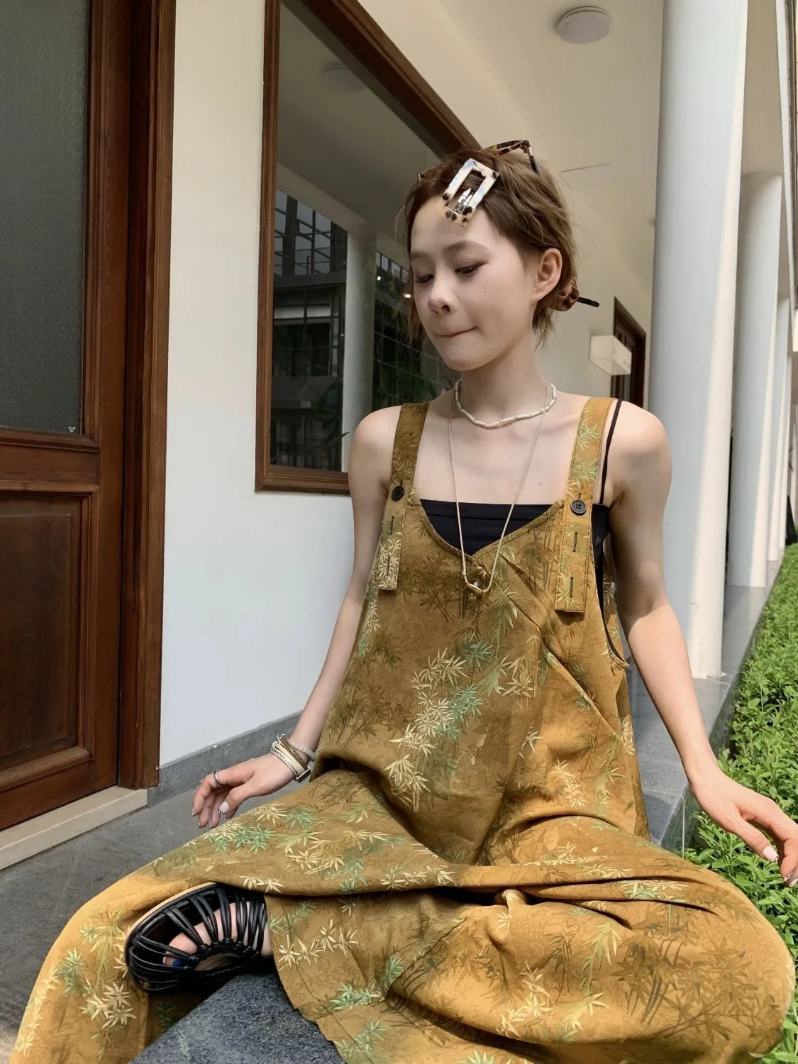 Summer New Style Women's Casual Wide Leg Pants One Piece Suit V Neck Printed High Waist Long Pants Bamboo Fiber Polyester display picture 3