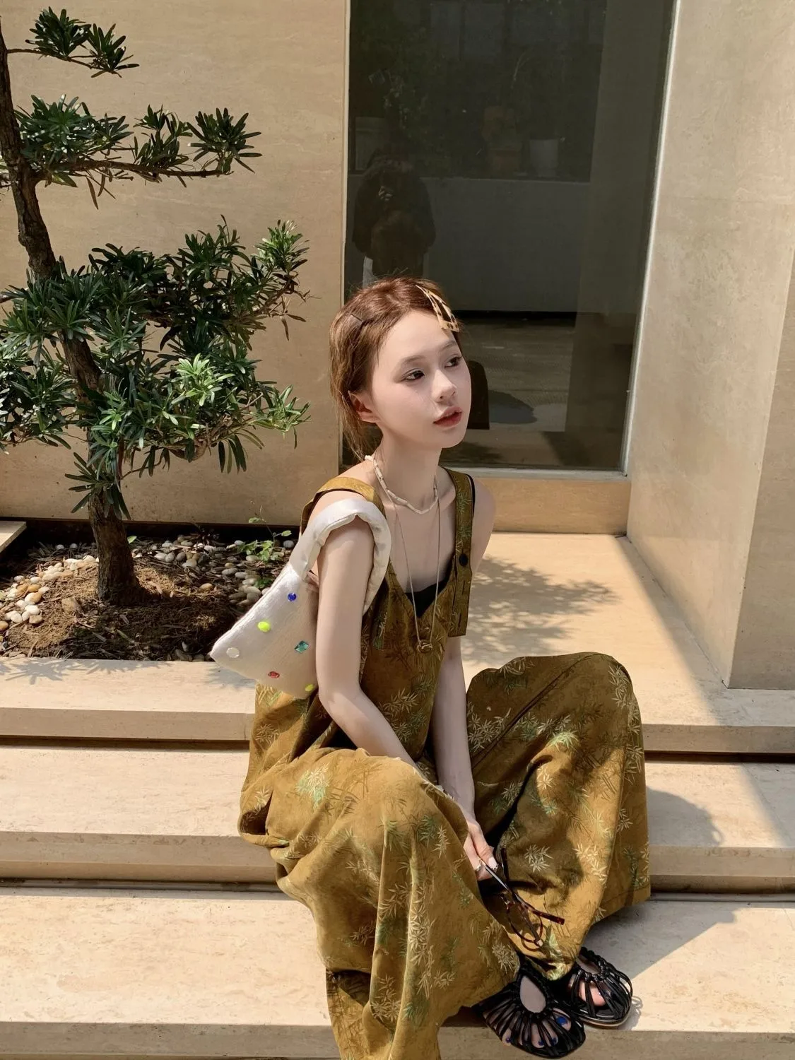 Summer New Style Women's Casual Wide Leg Pants One Piece Suit V Neck Printed High Waist Long Pants Bamboo Fiber Polyester display picture 5