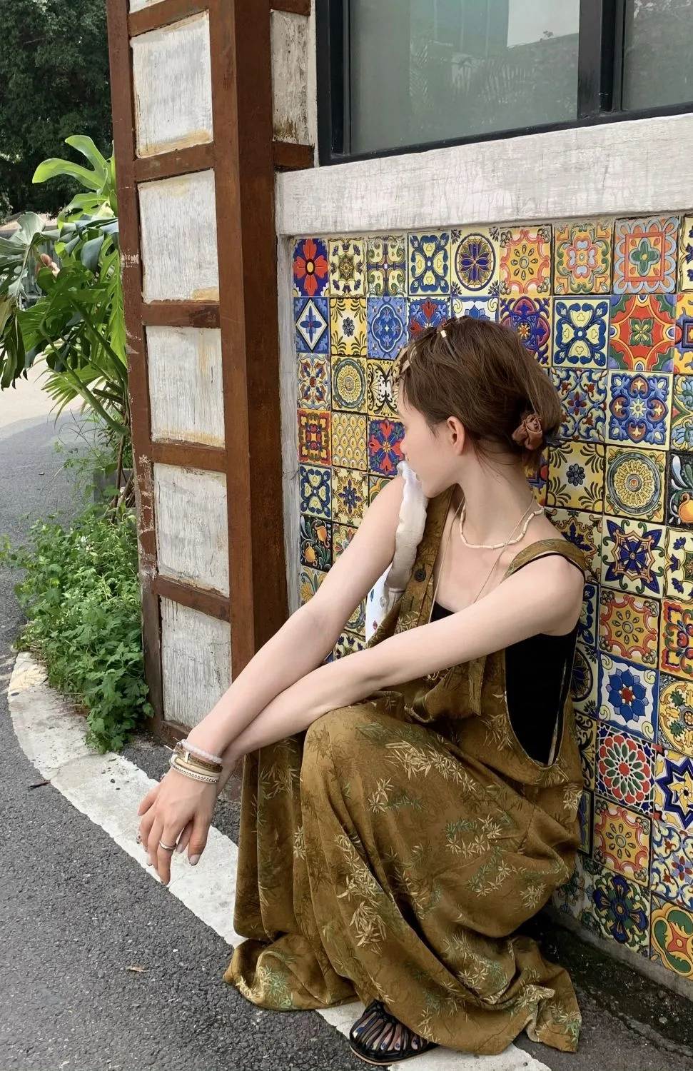 Summer New Style Women's Casual Wide Leg Pants One Piece Suit V Neck Printed High Waist Long Pants Bamboo Fiber Polyester display picture 6