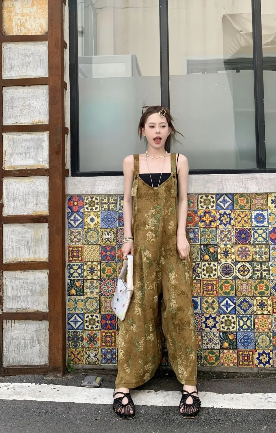 Summer New Style Women's Casual Wide Leg Pants One Piece Suit V Neck Printed High Waist Long Pants Bamboo Fiber Polyester display picture 9