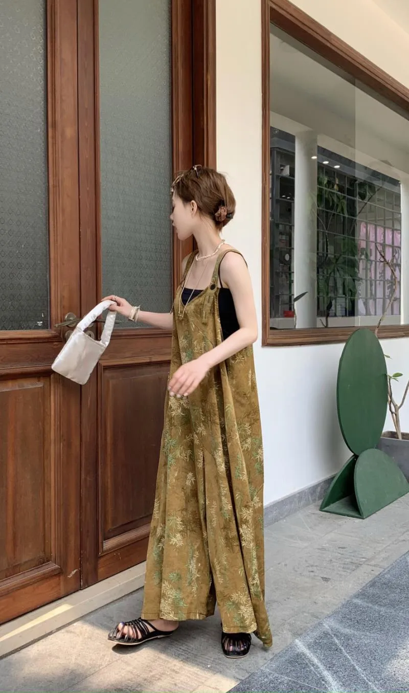 Summer New Style Women's Casual Wide Leg Pants One Piece Suit V Neck Printed High Waist Long Pants Bamboo Fiber Polyester display picture 10