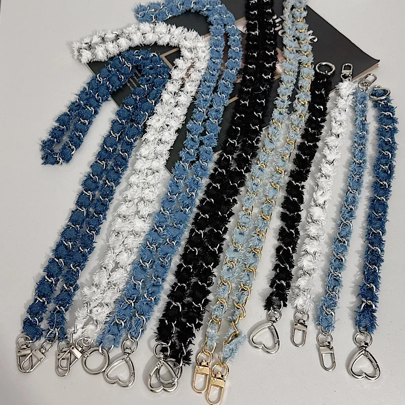 Metal Chain Crossbody Bag With Denim Phone Case Lanyard Leather Perforated Classic Style Handbag Chain display picture 1
