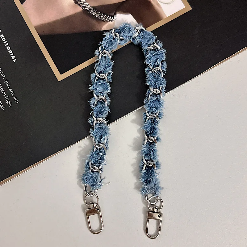 Metal Chain Crossbody Bag With Denim Phone Case Lanyard Leather Perforated Classic Style Handbag Chain display picture 8