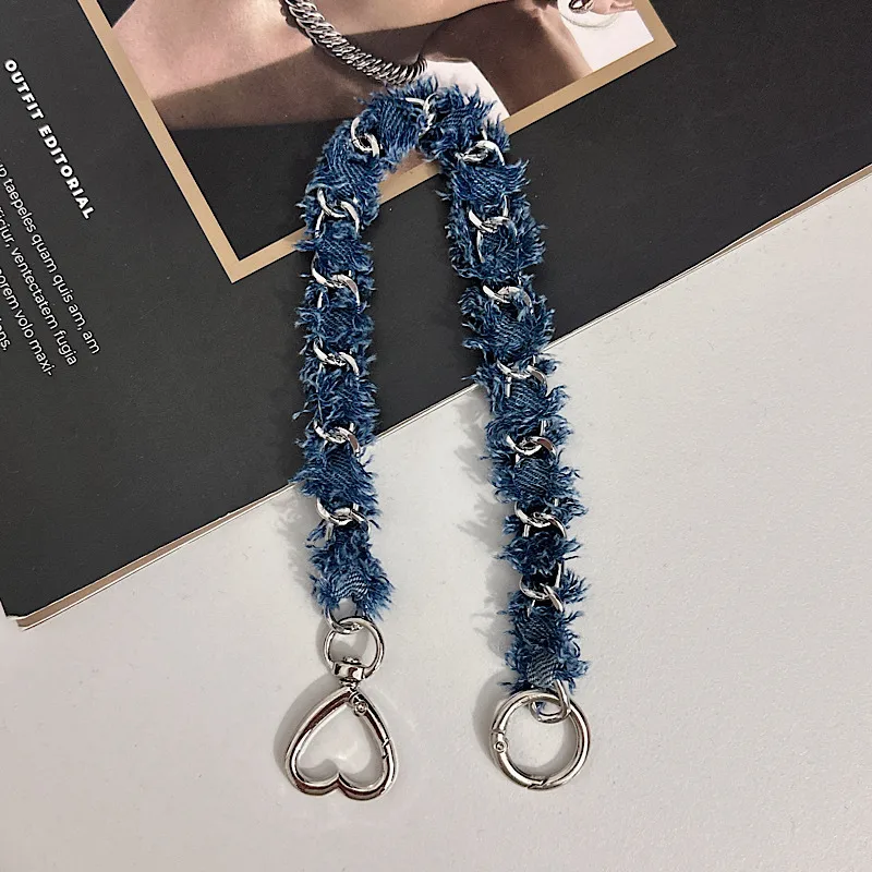 Metal Chain Crossbody Bag With Denim Phone Case Lanyard Leather Perforated Classic Style Handbag Chain display picture 9