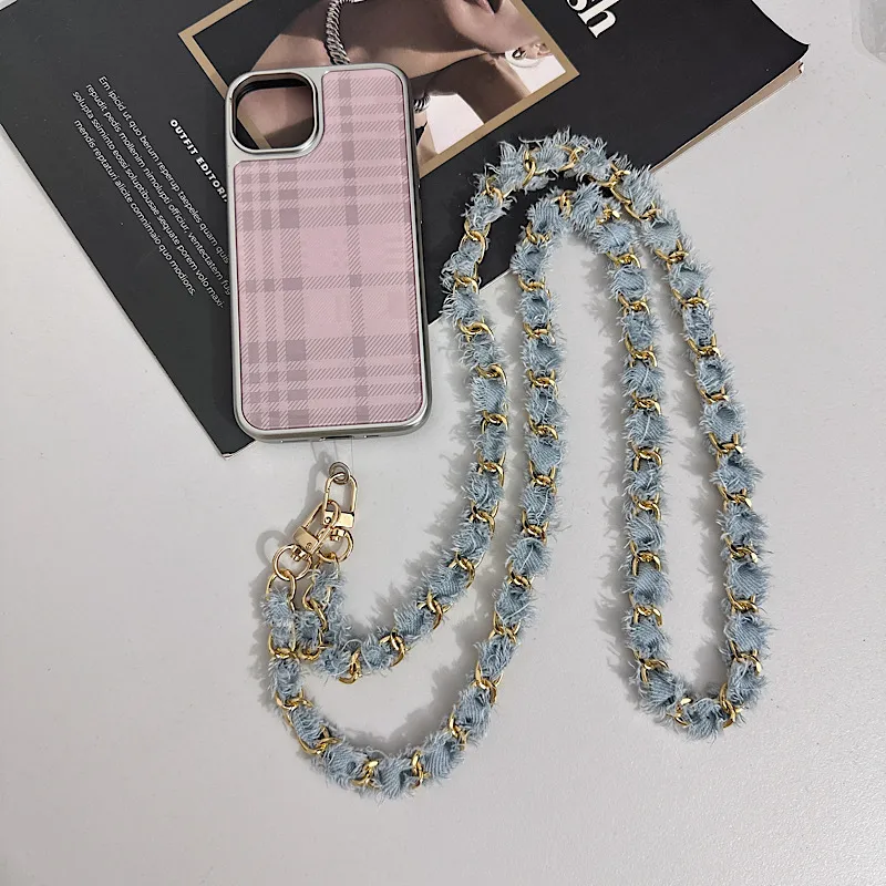 Metal Chain Crossbody Bag With Denim Phone Case Lanyard Leather Perforated Classic Style Handbag Chain display picture 11