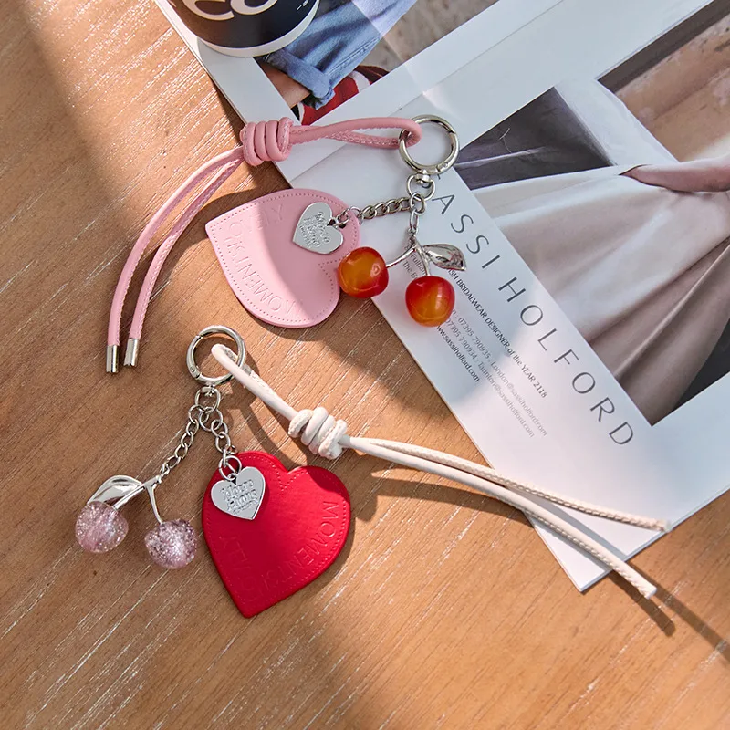 Original Design Pink Cherry Miu Bag Accessories Keychain Multifunctional Accessories Ins Leather Rope Lanyard Matching Jewelry display picture 3