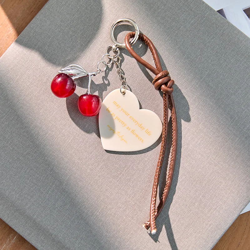Original Design Pink Cherry Miu Bag Accessories Keychain Multifunctional Accessories Ins Leather Rope Lanyard Matching Jewelry display picture 6