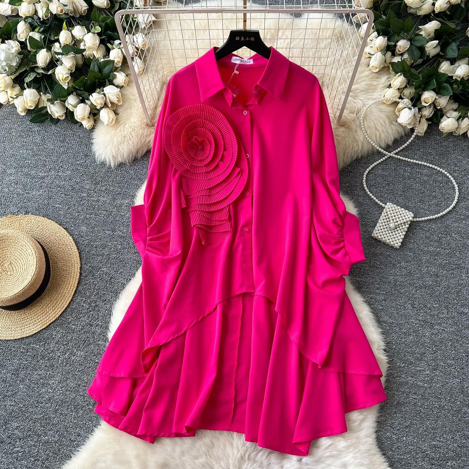 Fashion New Style Polo Collar Loose-Fitting Women's Shirt Autumn 3D Flower Design Asymmetric Hem Draping Effect Design Top display picture 3