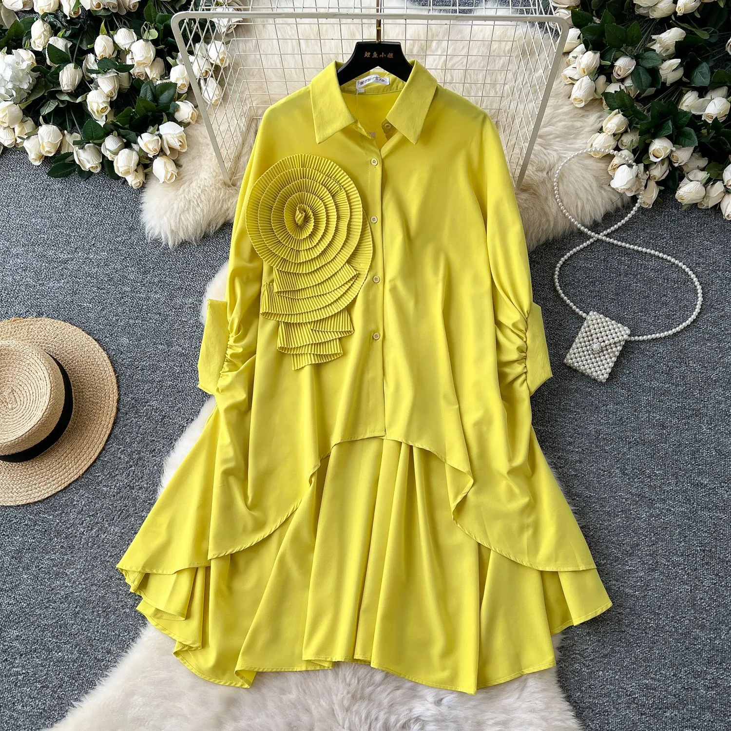 Fashion New Style Polo Collar Loose-Fitting Women's Shirt Autumn 3D Flower Design Asymmetric Hem Draping Effect Design Top display picture 4