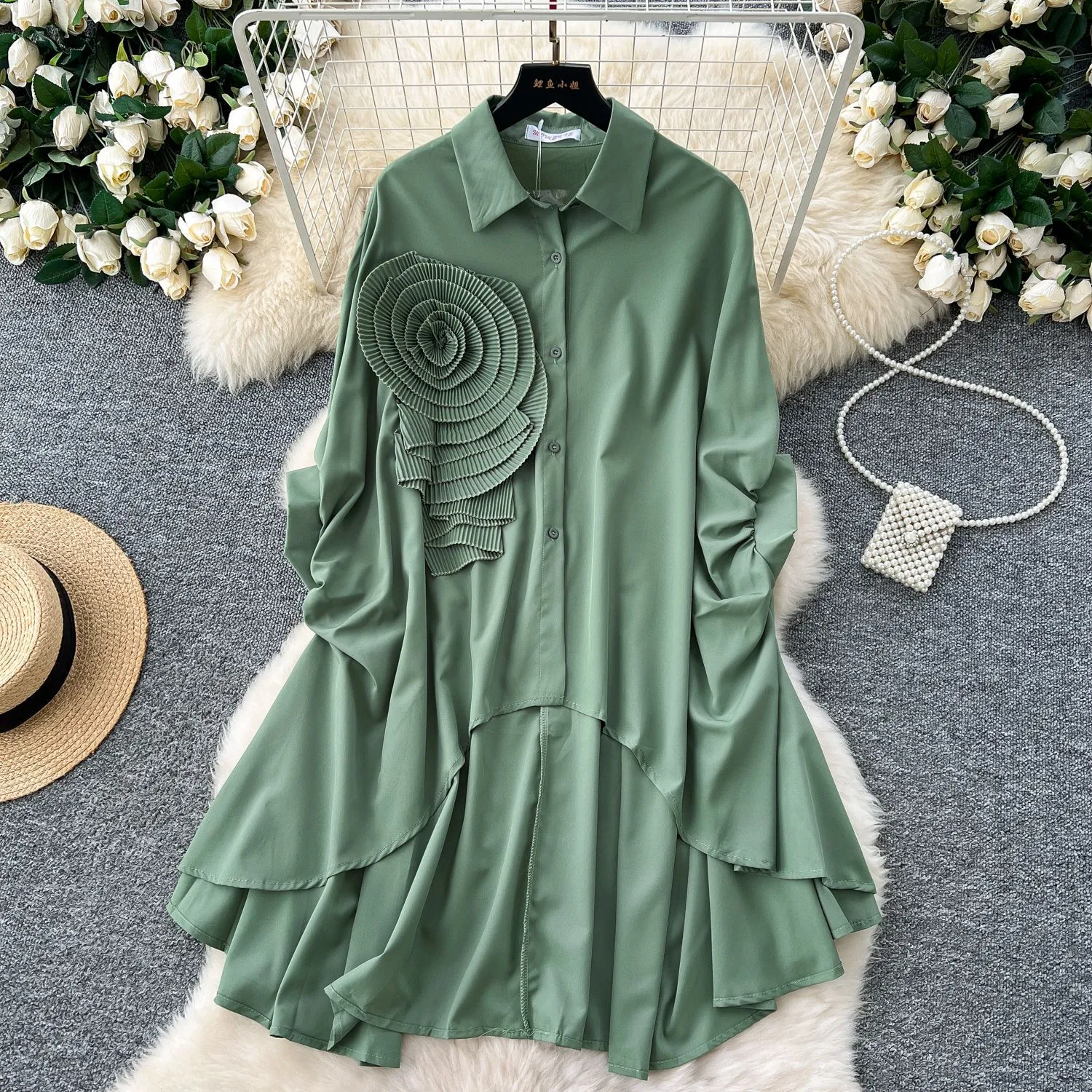Fashion New Style Polo Collar Loose-Fitting Women's Shirt Autumn 3D Flower Design Asymmetric Hem Draping Effect Design Top display picture 8