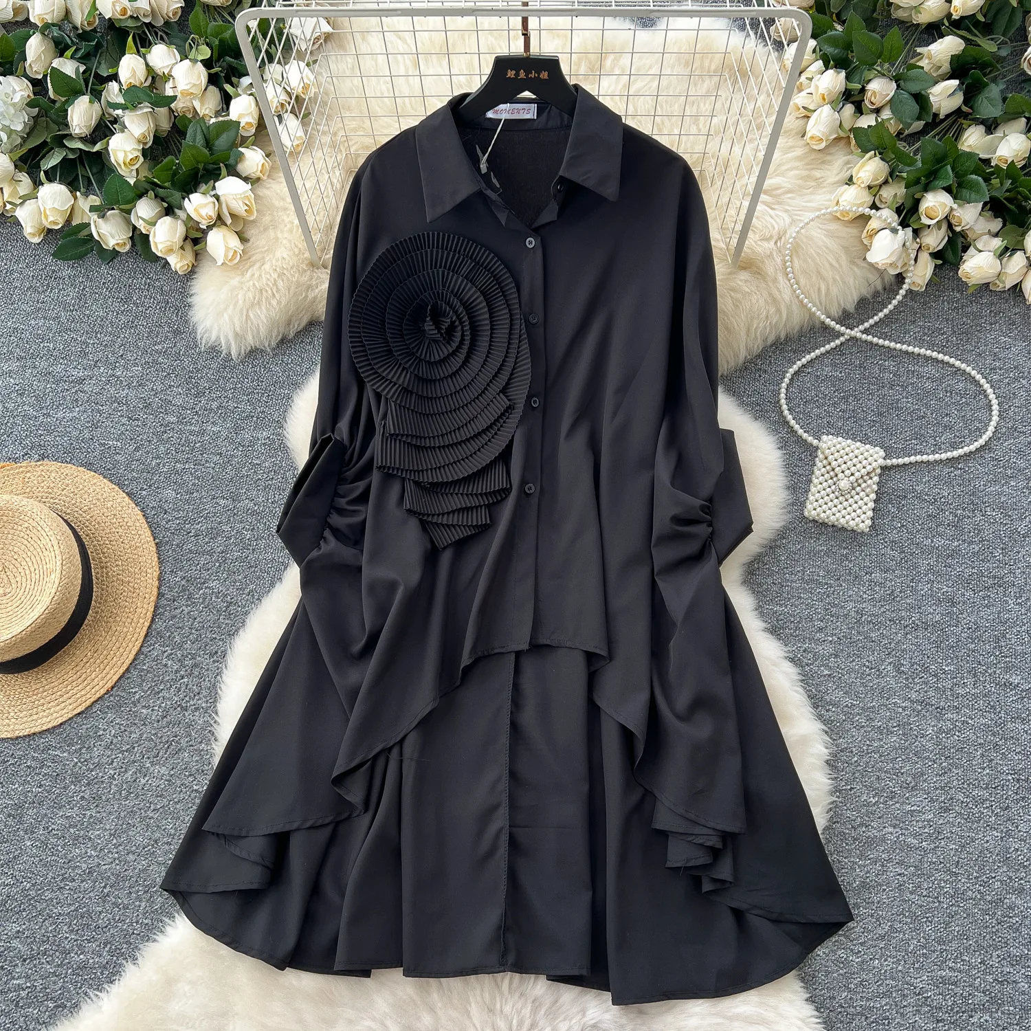 Fashion New Style Polo Collar Loose-Fitting Women's Shirt Autumn 3D Flower Design Asymmetric Hem Draping Effect Design Top display picture 10