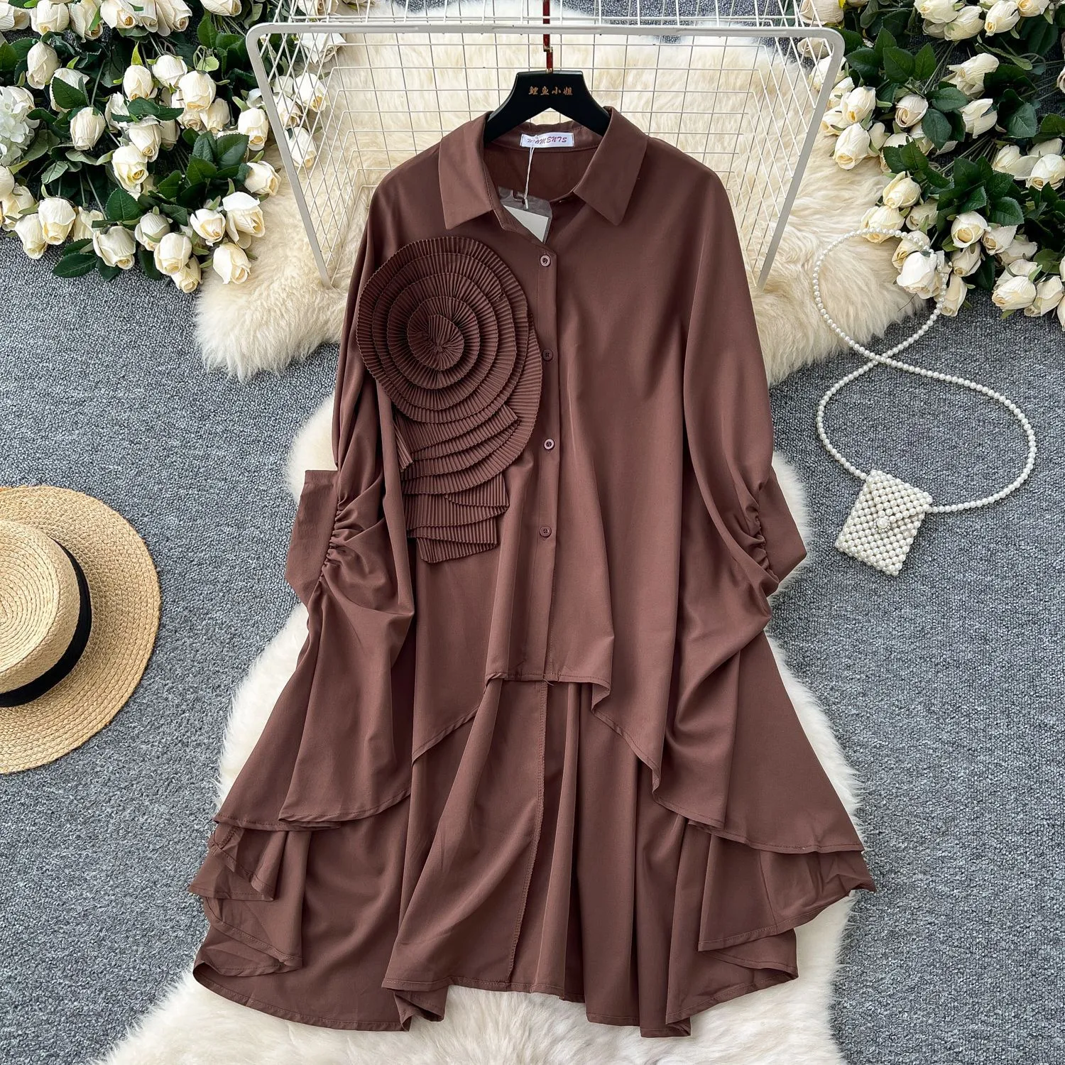 Fashion New Style Polo Collar Loose-Fitting Women's Shirt Autumn 3D Flower Design Asymmetric Hem Draping Effect Design Top display picture 11