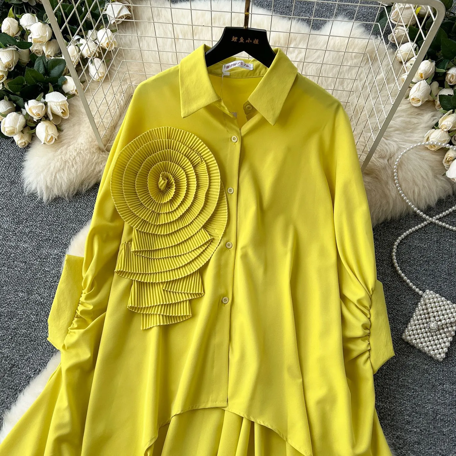 Fashion New Style Polo Collar Loose-Fitting Women's Shirt Autumn 3D Flower Design Asymmetric Hem Draping Effect Design Top display picture 13
