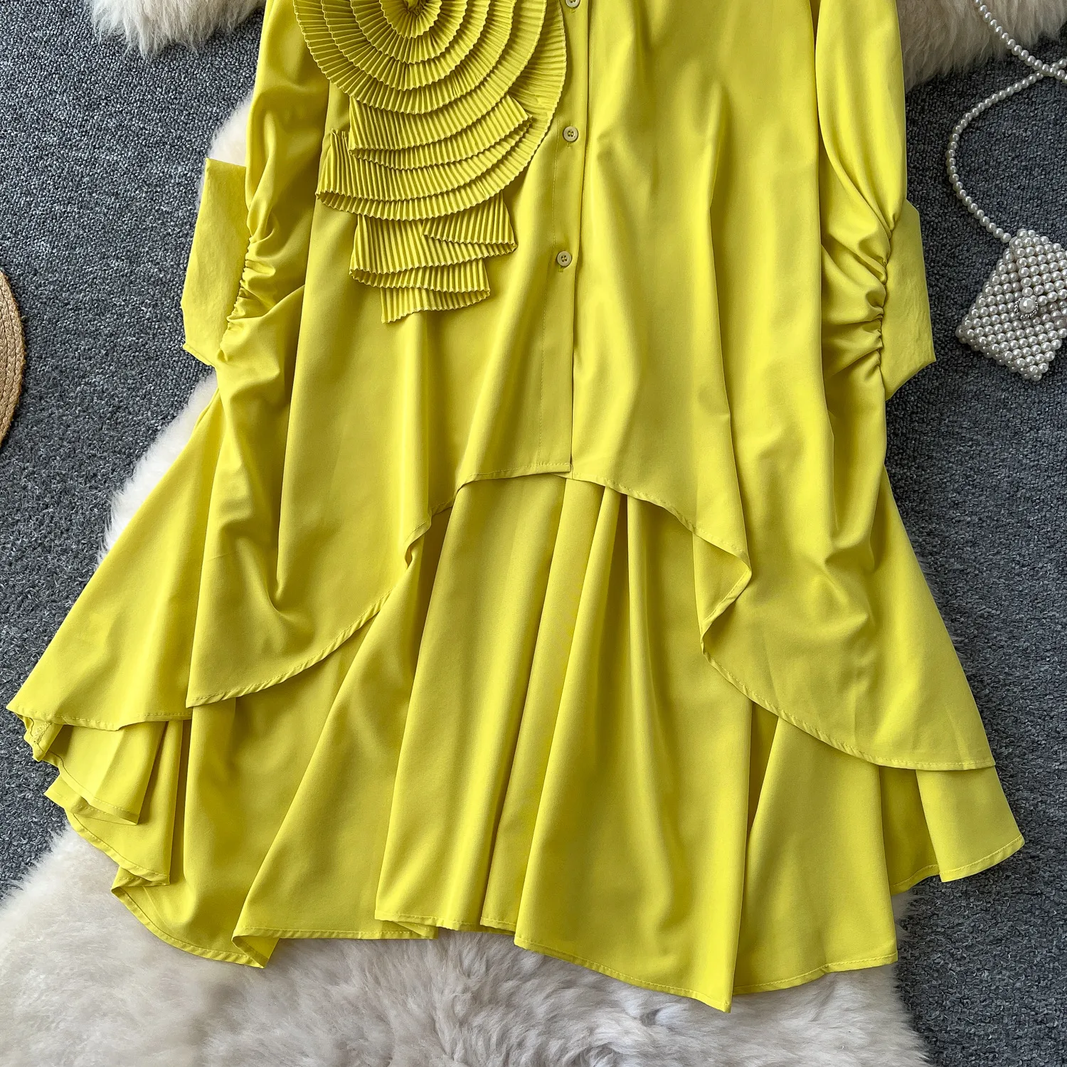 Fashion New Style Polo Collar Loose-Fitting Women's Shirt Autumn 3D Flower Design Asymmetric Hem Draping Effect Design Top display picture 14