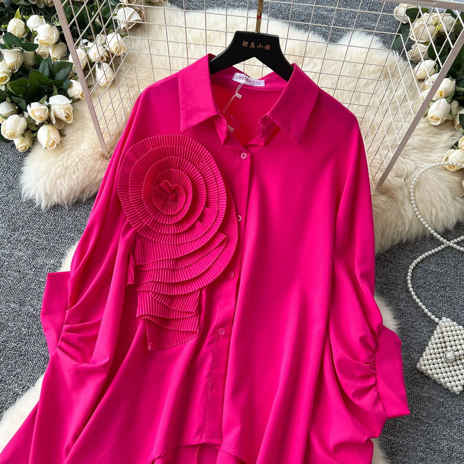 Fashion New Style Polo Collar Loose-Fitting Women's Shirt Autumn 3D Flower Design Asymmetric Hem Draping Effect Design Top display picture 15