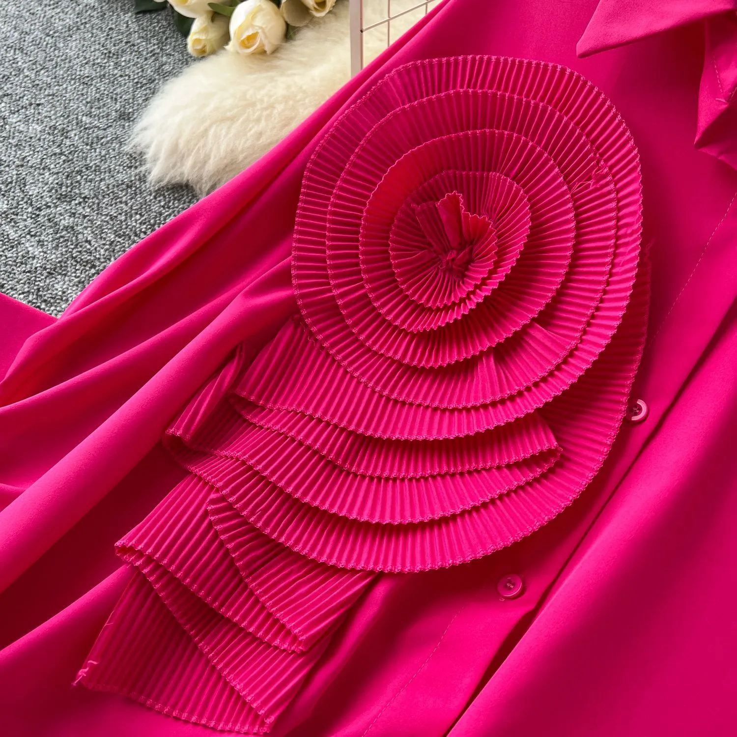 Fashion New Style Polo Collar Loose-Fitting Women's Shirt Autumn 3D Flower Design Asymmetric Hem Draping Effect Design Top display picture 17