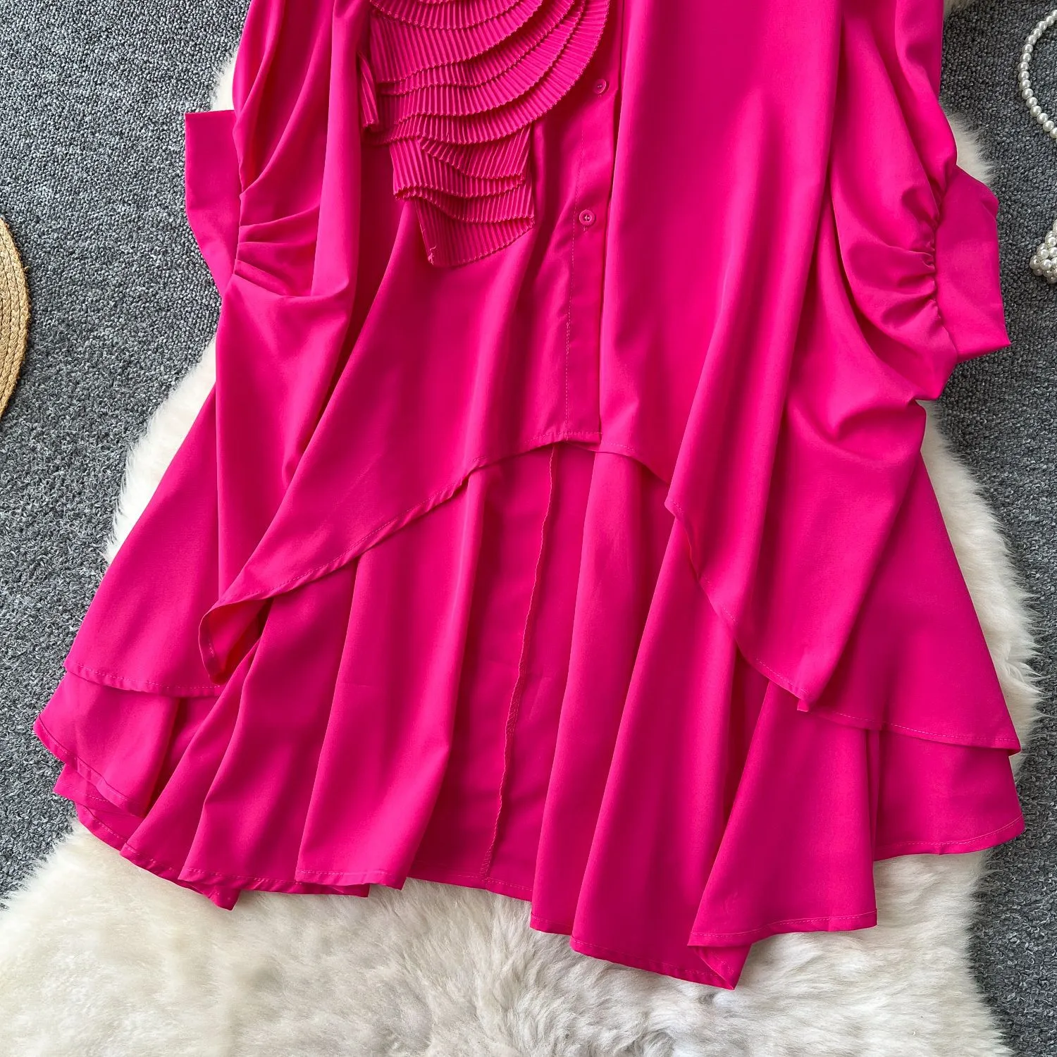Fashion New Style Polo Collar Loose-Fitting Women's Shirt Autumn 3D Flower Design Asymmetric Hem Draping Effect Design Top display picture 20