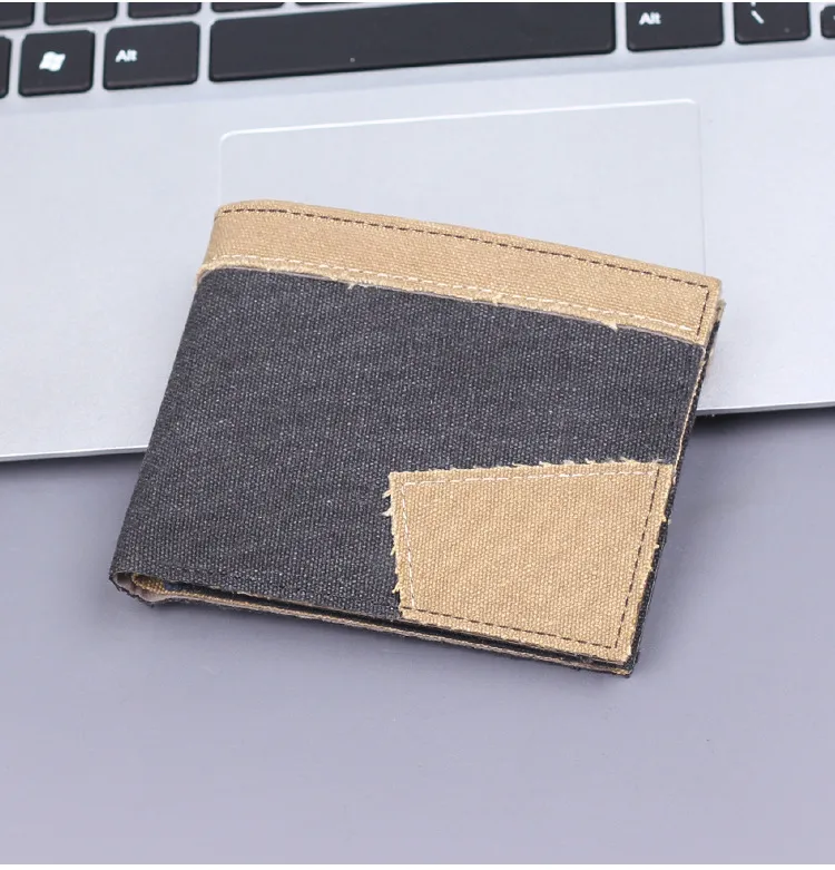 Men's Canvas Wallet Short Leather Clutch Soft Fabric Integrated Design Denim Color Matching Geometric Pattern Retro  Style display picture 1