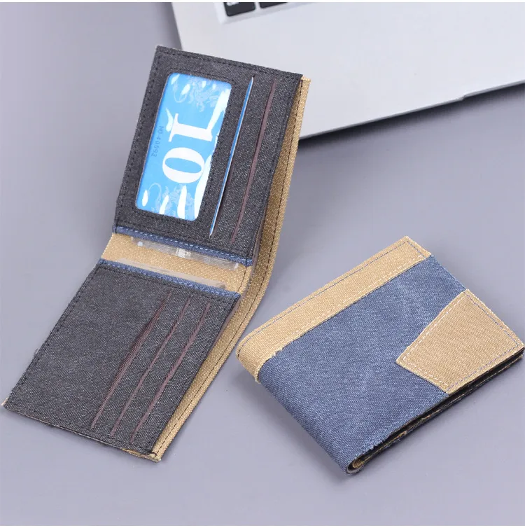 Men's Canvas Wallet Short Leather Clutch Soft Fabric Integrated Design Denim Color Matching Geometric Pattern Retro  Style display picture 3