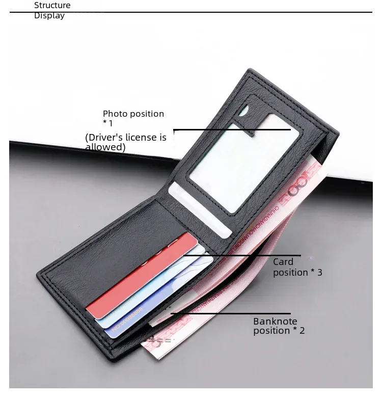 Men's Short Slim Wallet With Zipper Can Hold Driving License Ultrathin And Simple Style Leather Wallet Suitable For Teenagers And College Students display picture 3