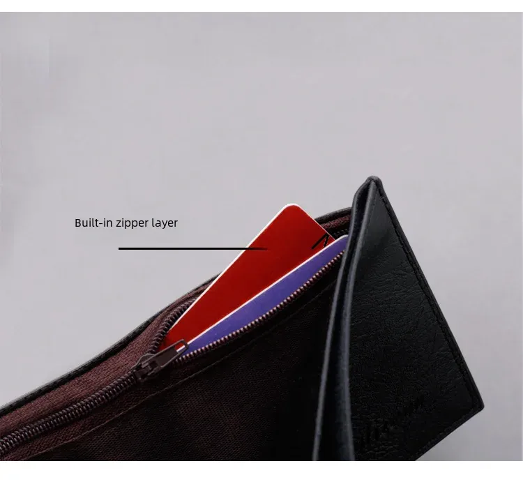 Men's Short Slim Wallet With Zipper Can Hold Driving License Ultrathin And Simple Style Leather Wallet Suitable For Teenagers And College Students display picture 4