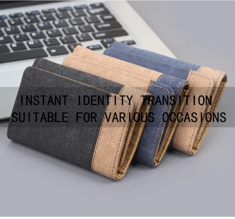 Men's New Wallet Tri-Fold Denim Canvas Large Capacity Leather Clip Canvas Geometric Pattern Inner Pu Ultra-Light Color Matching Edge display picture 6
