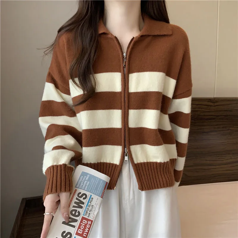 Women's Knitted Zipper Striped Sweater Coat Lazy Style Casual Loose Long Sleeve Spring, Autumn And Winter Coat Top display picture 2