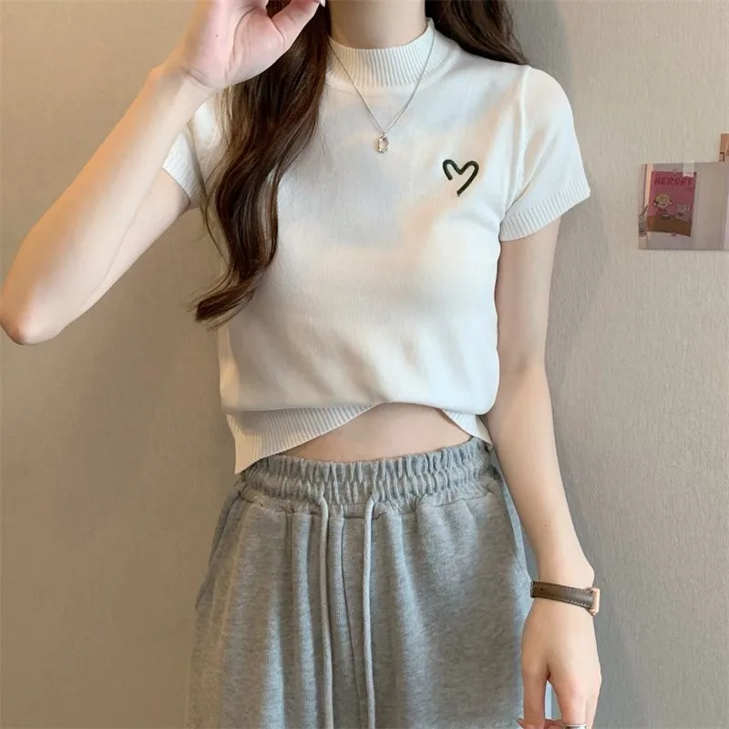 Women's Short-Sleeved Round Neck Knitted Top Summer Thin Embroidery Slim Fit Versatile Body Shaping Top Ice Silk Polyester Fabric display picture 7