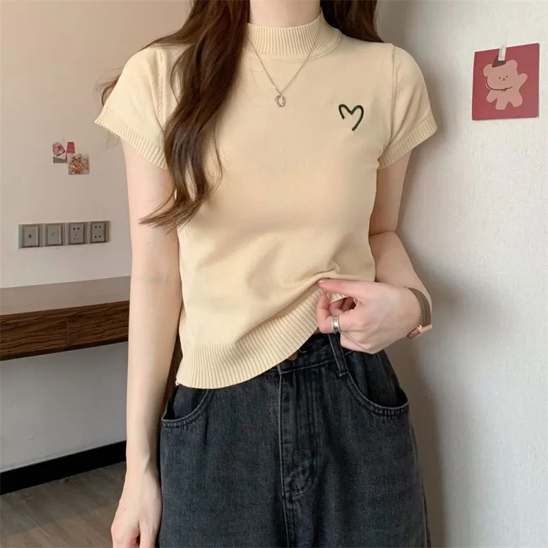 Women's Short-Sleeved Round Neck Knitted Top Summer Thin Embroidery Slim Fit Versatile Body Shaping Top Ice Silk Polyester Fabric display picture 20